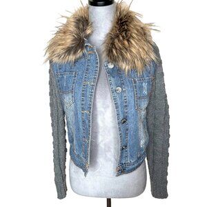 Jean Jacket with Faux Fur Collar and Sweater Knit Sleeves Size Medium Western M